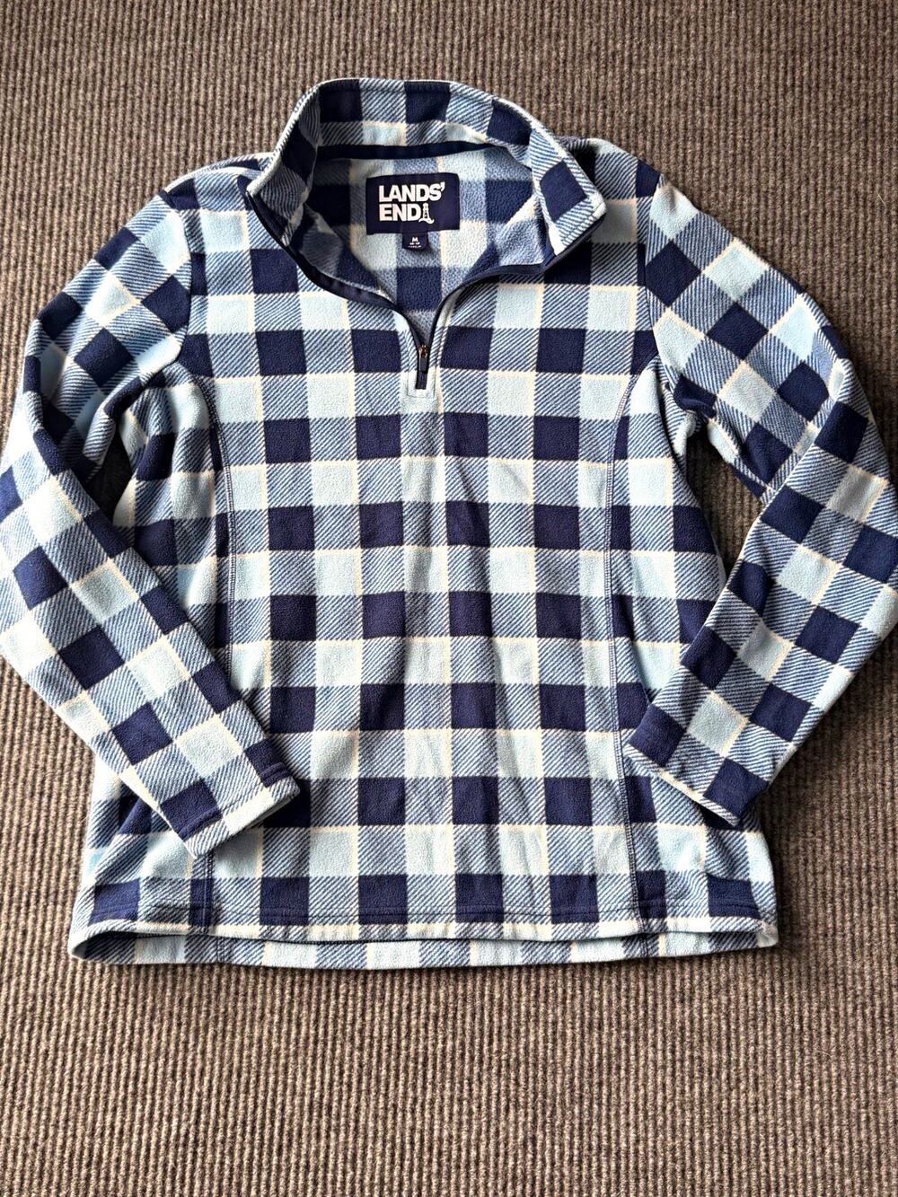 Lands' End Girls Boys Kids M 10-12 Plaid Fleece 1/4 Zip Pullover Blue